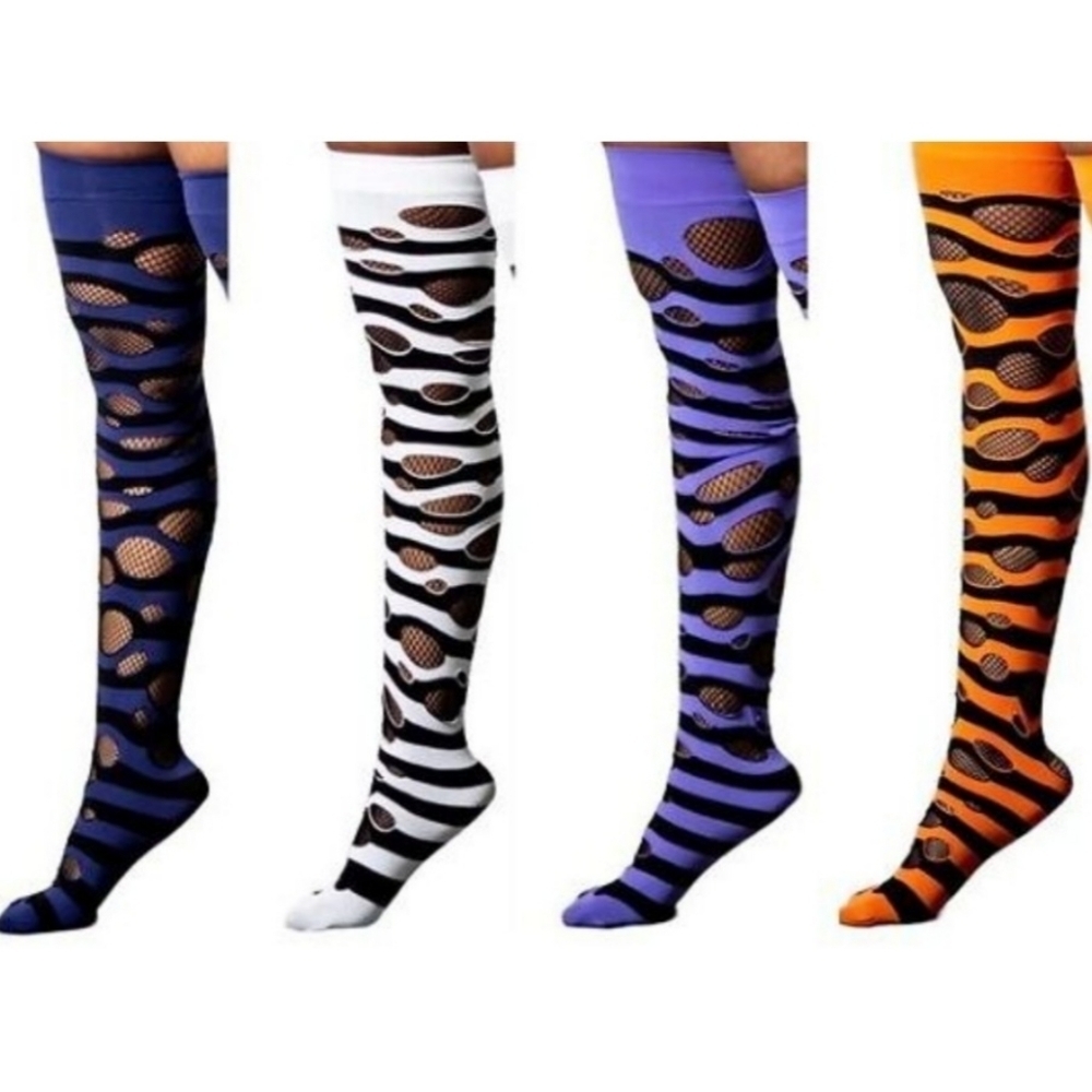 Killstar “Wretched Soul” Distressed Thigh-High Socks – Black & Midnight Blue - Picture 4 of 4